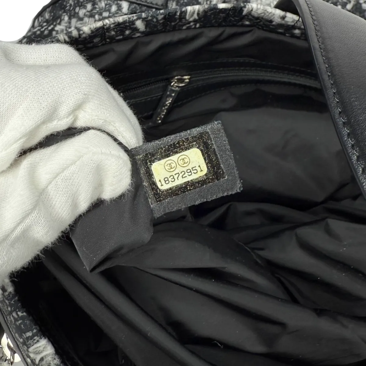 Chanel Leather Tweed Print Nylon Tote Bag