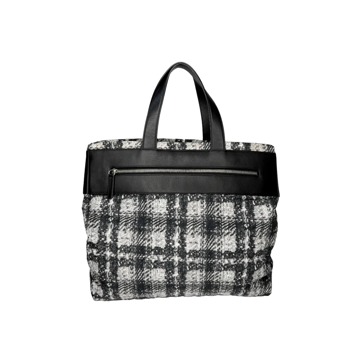 Chanel Leather Tweed Print Nylon Tote Bag