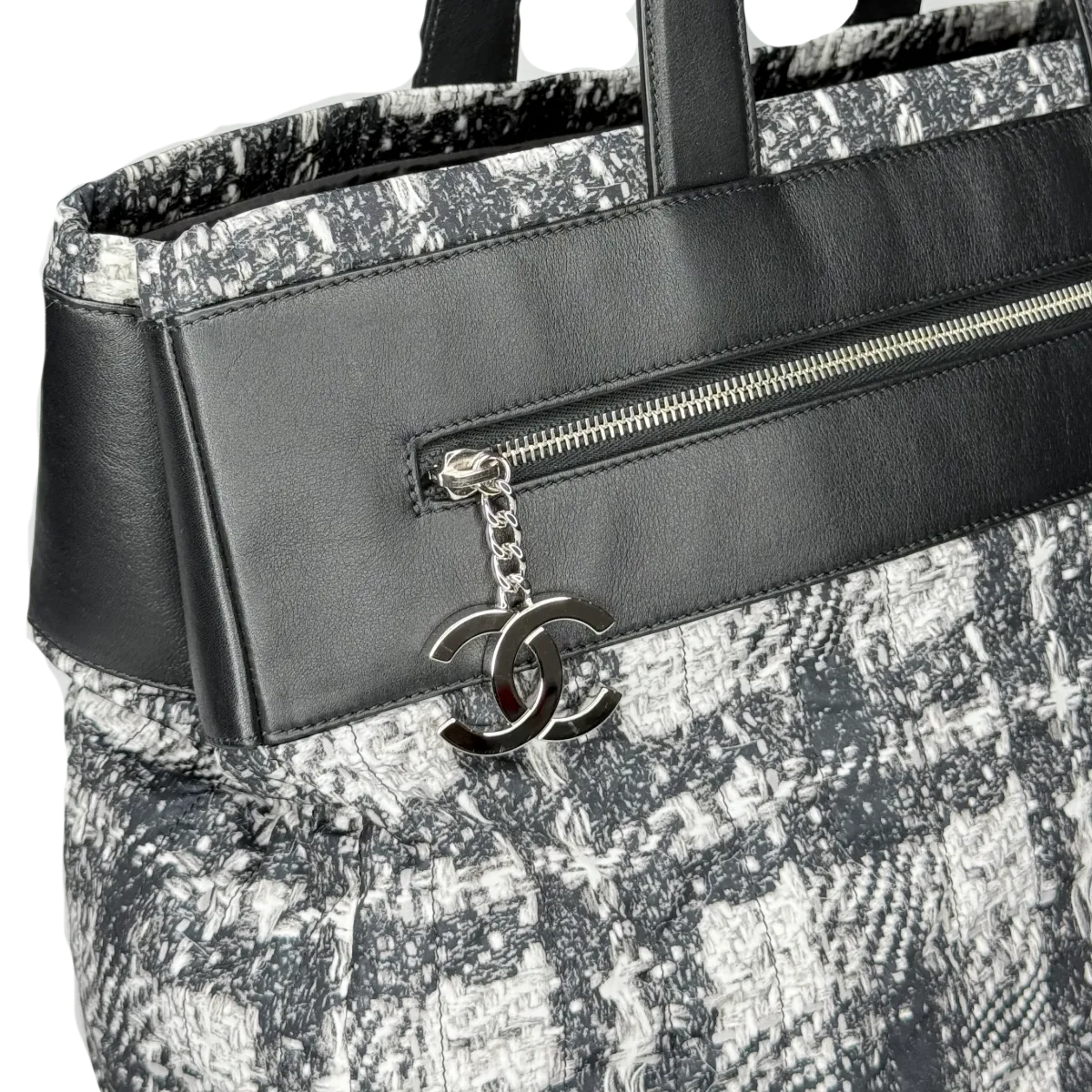 Chanel Leather Tweed Print Nylon Tote Bag