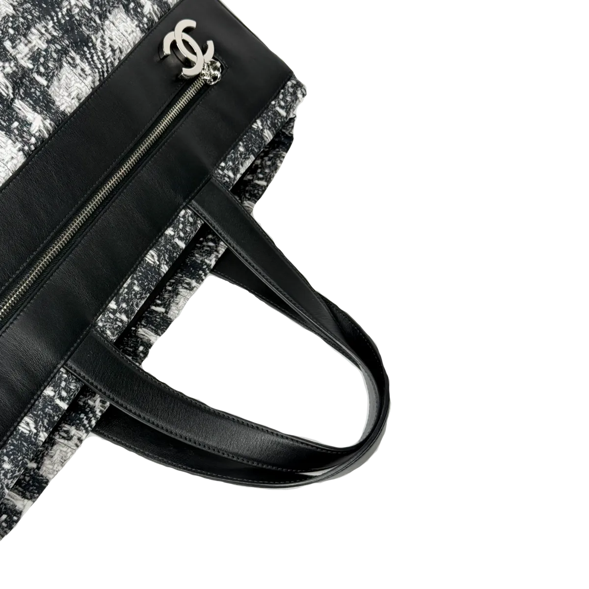 Chanel Leather Tweed Print Nylon Tote Bag