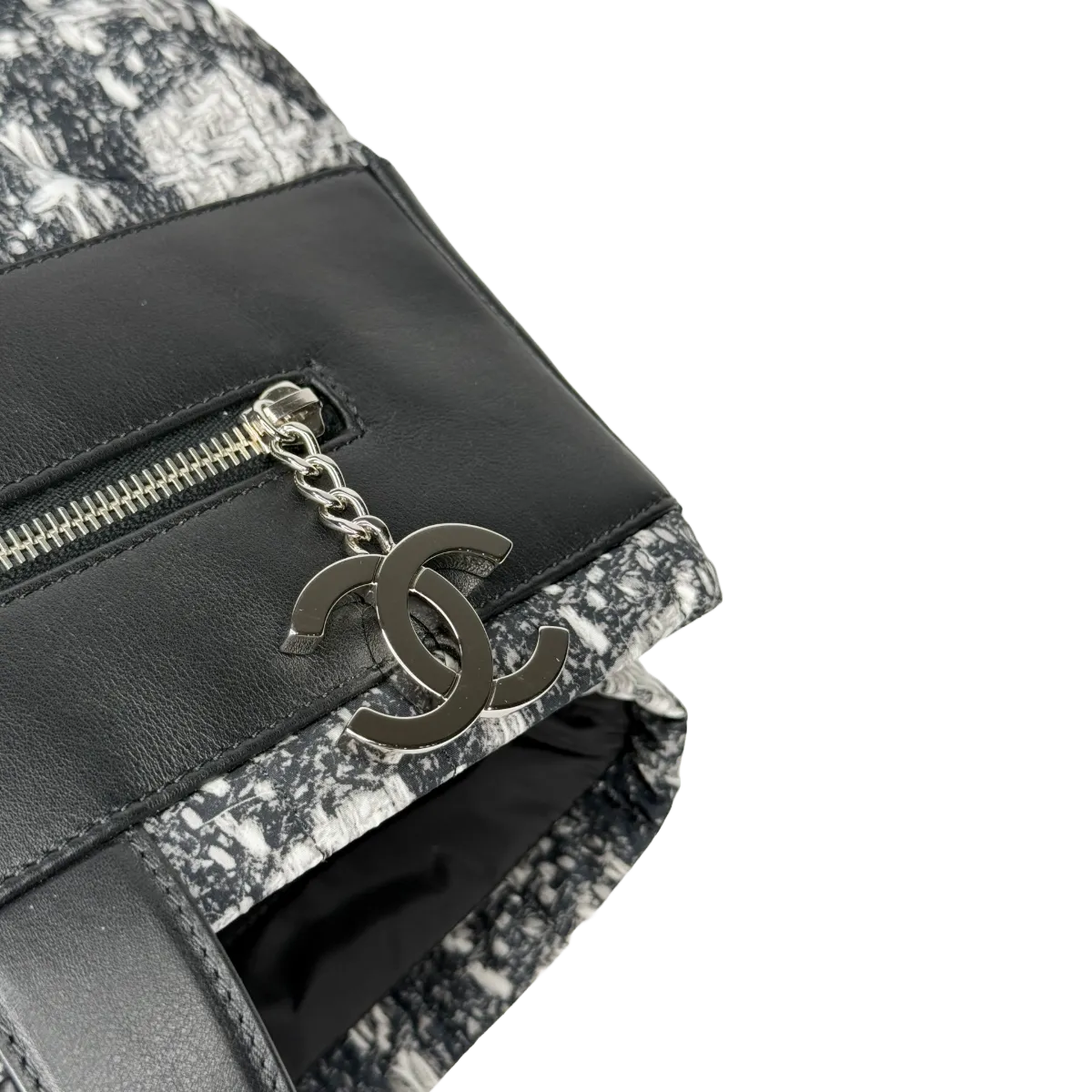 Chanel Leather Tweed Print Nylon Tote Bag