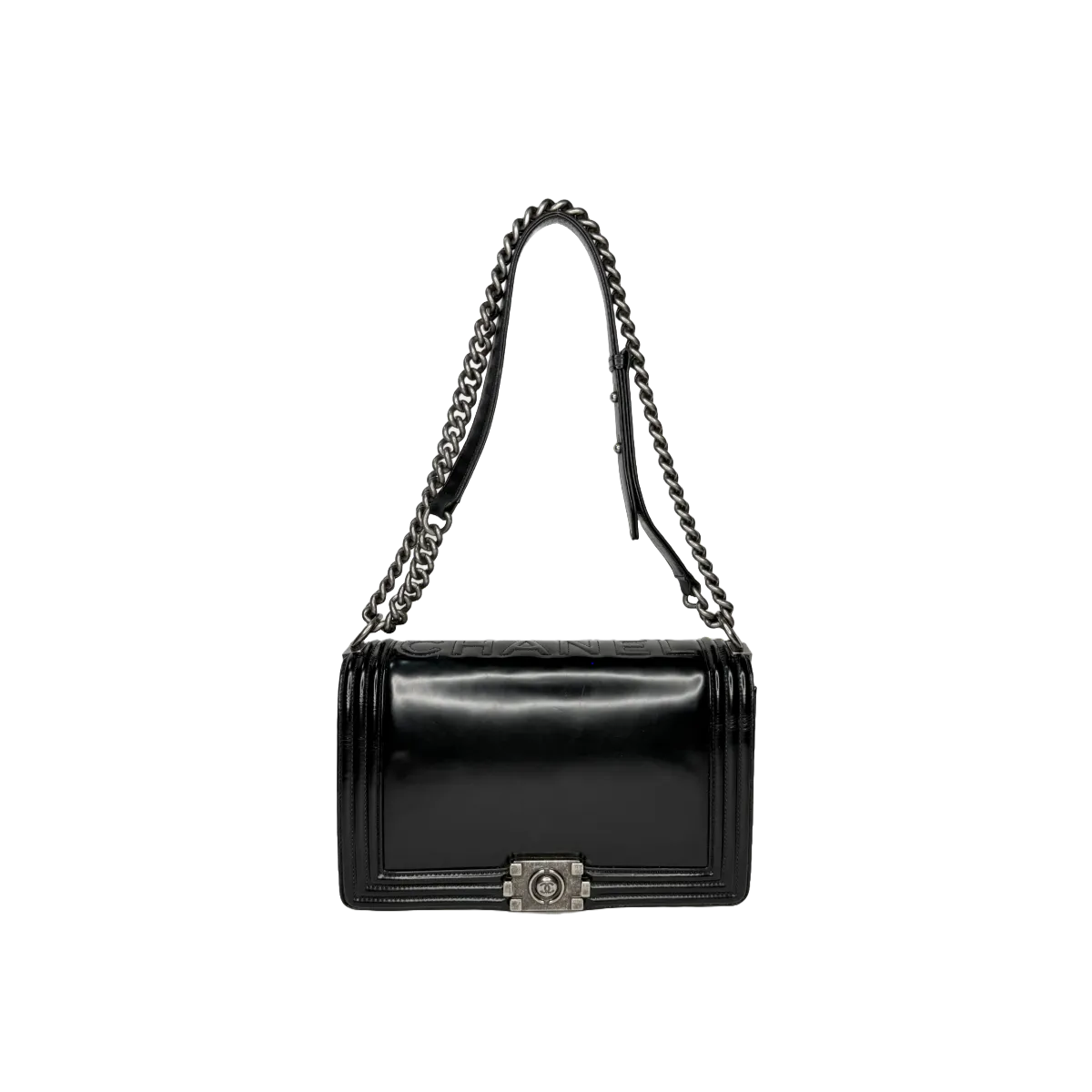 Chanel Boy Medium Black Glazed Calfskin Flap Bag