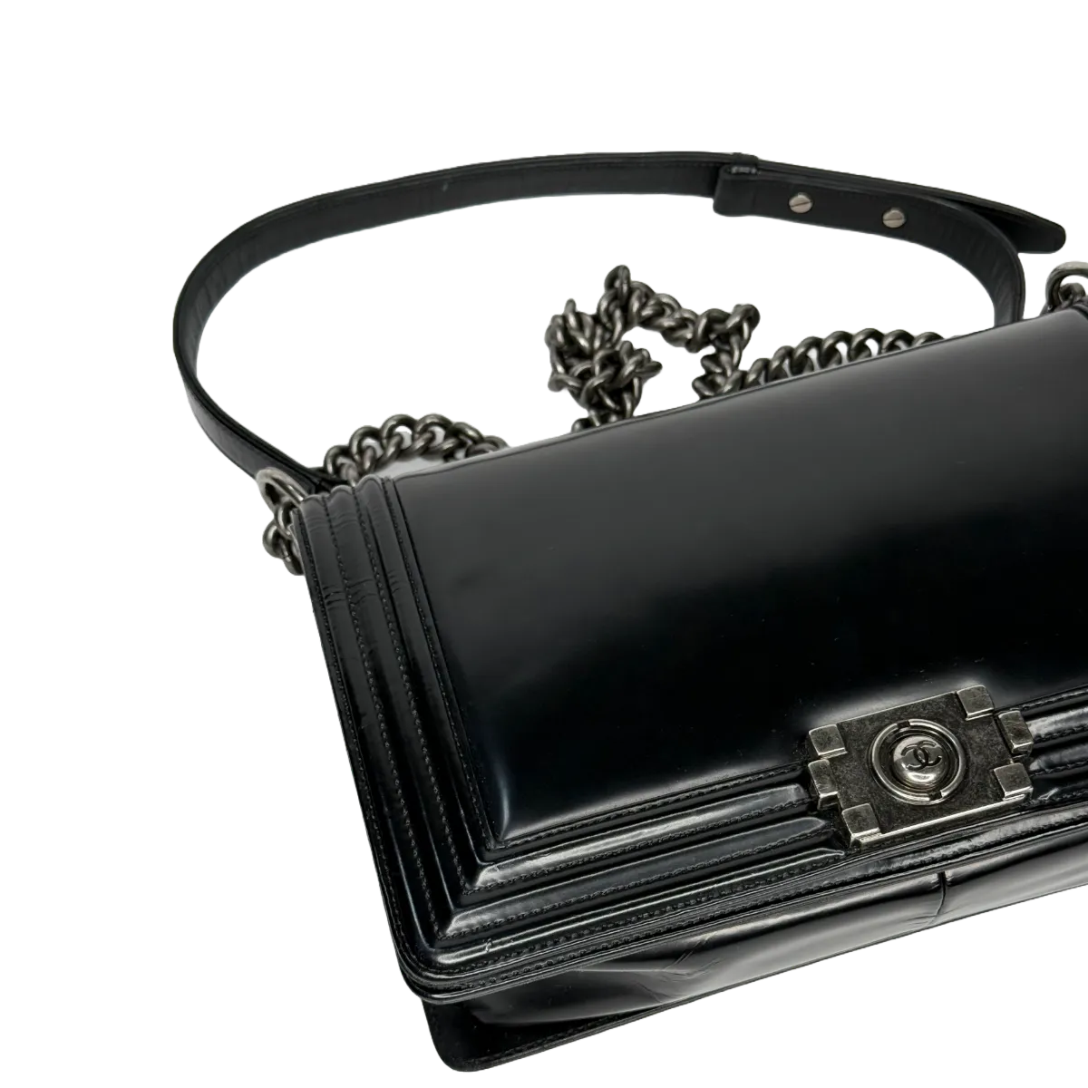 Chanel Boy Medium Black Glazed Calfskin Flap Bag