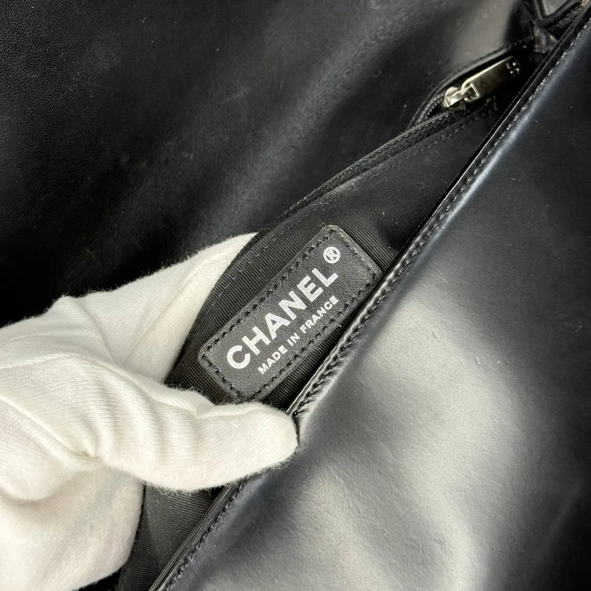 Chanel Boy Medium Black Glazed Calfskin Flap Bag
