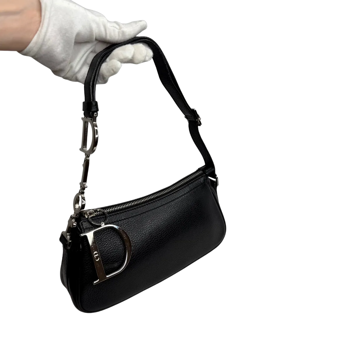 Christian Dior D Charms Black Pebbled Leather Small Pochette