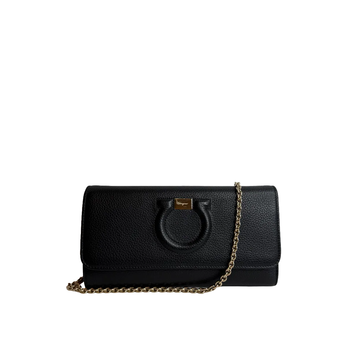 Ferragamo Gancini City Black Leather Wallet On Chain