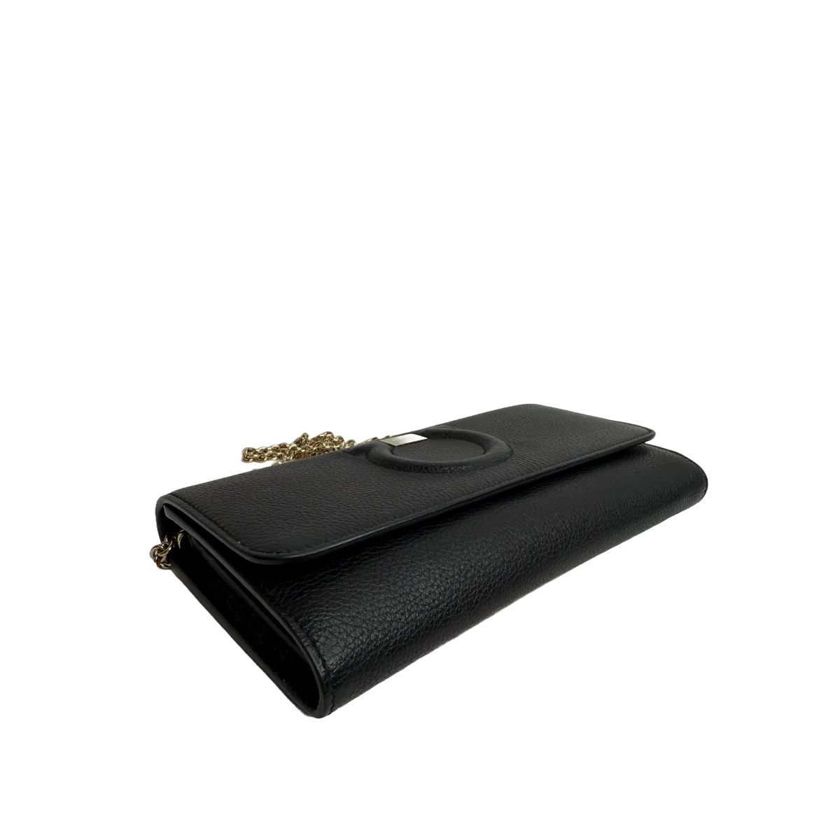 Ferragamo Gancini City Black Leather Wallet On Chain