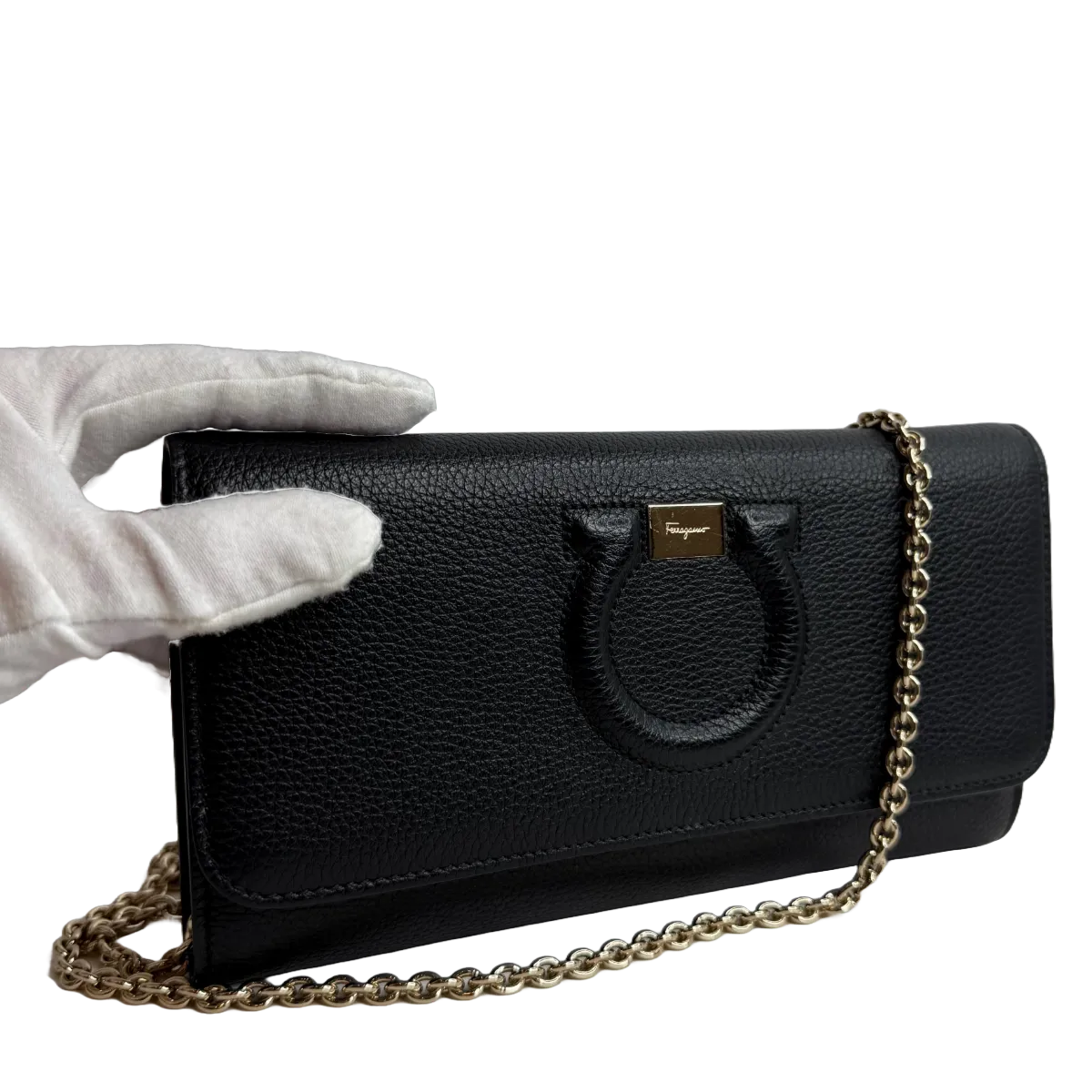 Ferragamo Gancini City Black Leather Wallet On Chain
