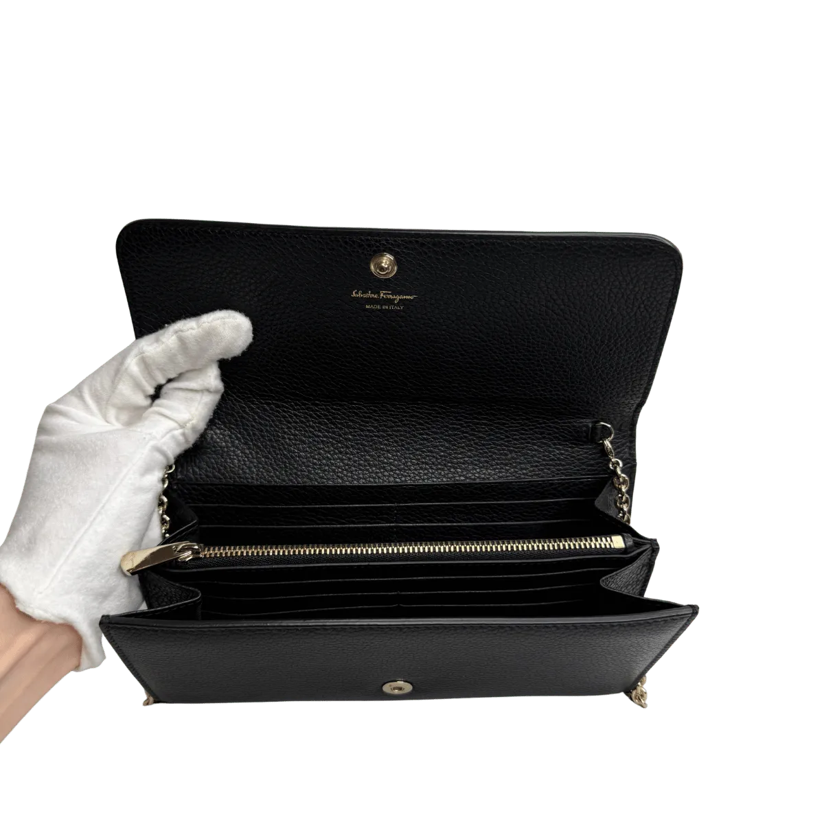 Ferragamo Gancini City Black Leather Wallet On Chain