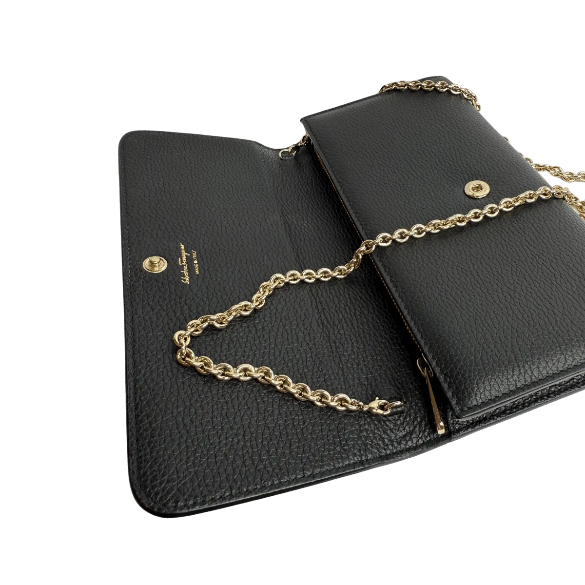 Ferragamo Gancini City Black Leather Wallet On Chain