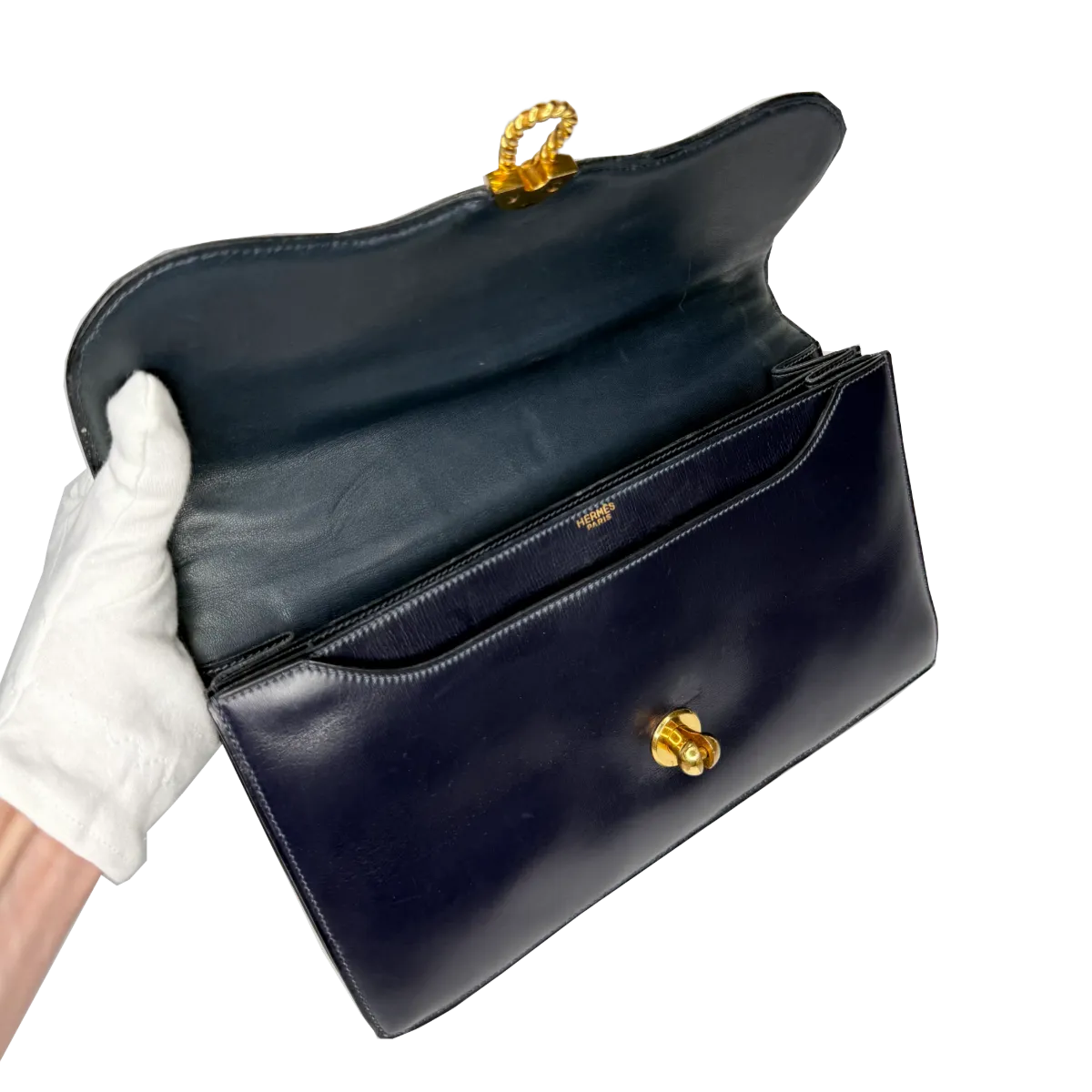 Hermès Escale Vintage 60s Navy Blue Box Leather Top Handle