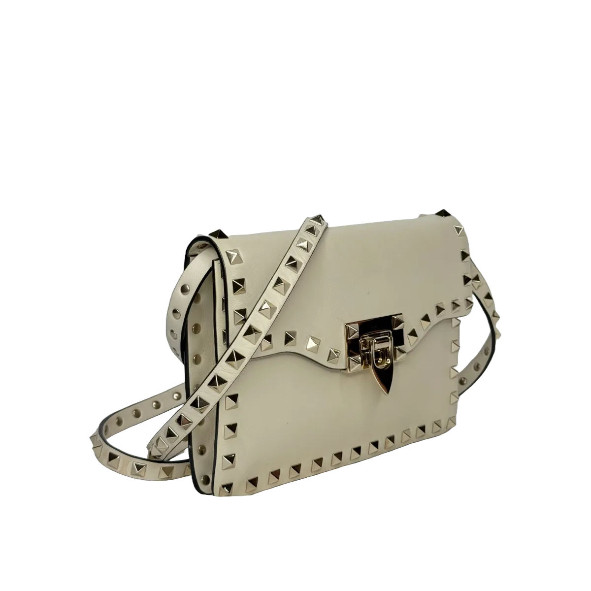Valentino Garavani Flip Lock Vitello Rockstud Off White Shoulder Flap Bag