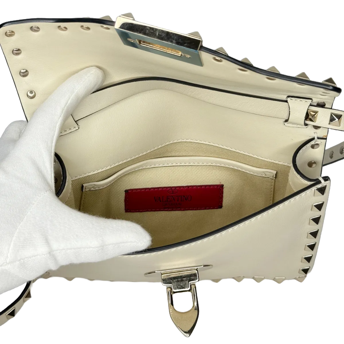 Valentino Garavani Flip Lock Vitello Rockstud Off White Shoulder Flap Bag