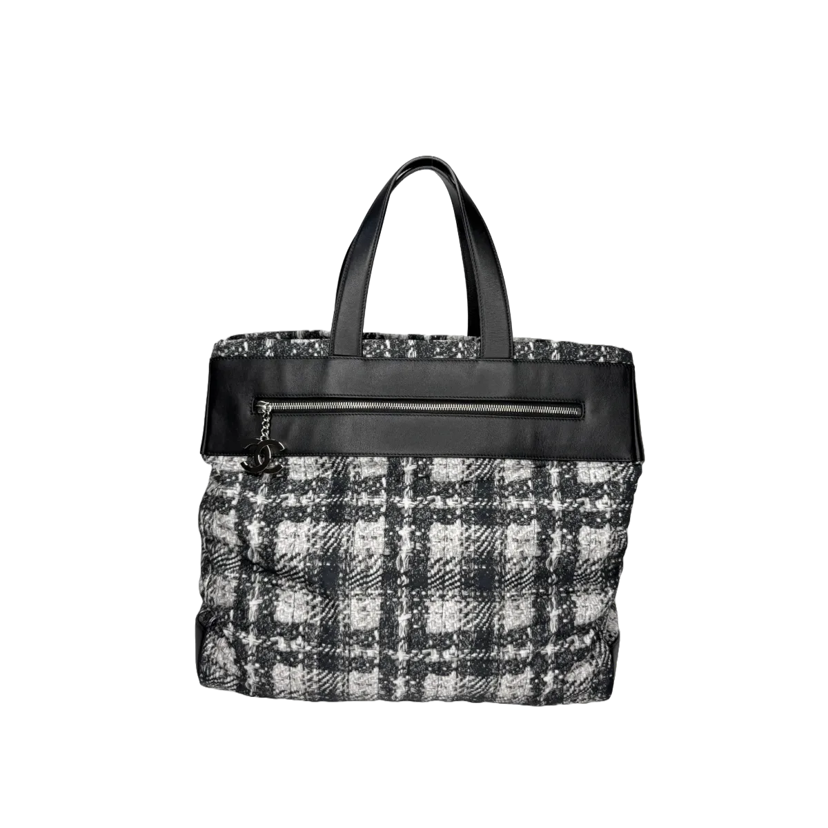 Chanel Black/White Leather Tweed Print Nylon Tote Bag