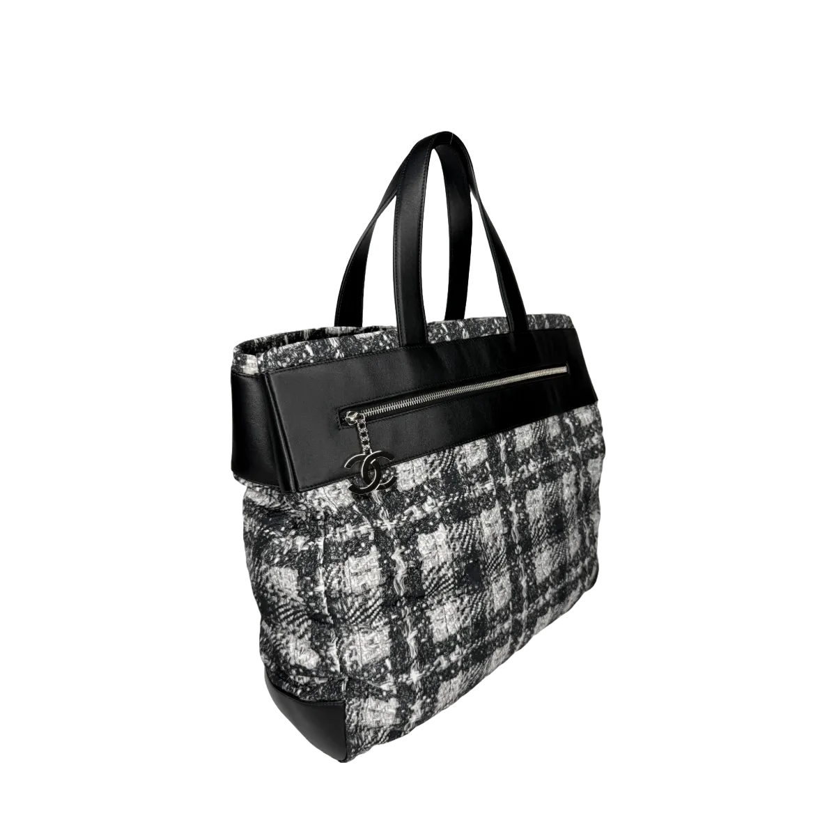 Chanel Black/White Leather Tweed Print Nylon Tote Bag