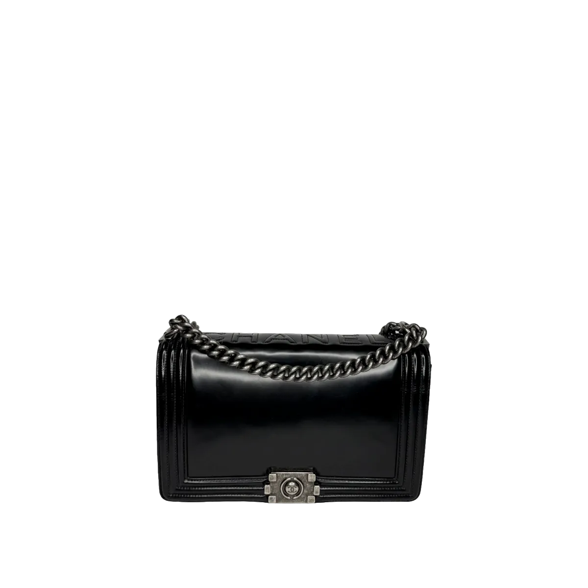 Chanel Boy Medium Black Glazed Calfskin Flap Bag